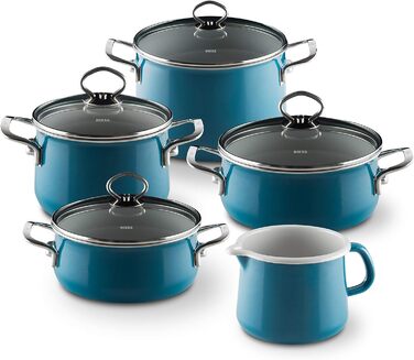 Набір посуду Riess Nouvelle Aquamarin Extra Stark, 5 предметів: каструлі з кришками 16 і 20 см, сотейник з кришками 16 і 20 см, ковшик 12 см