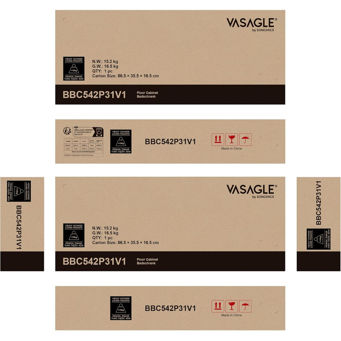 VASAGLE шафа для ванної, білий, 3 шухляди, дверцята, регульована полиця, 30x60x80 см