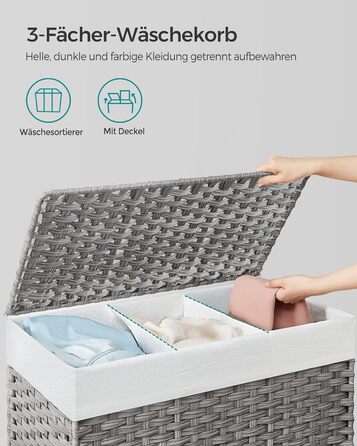 Кошик для білизни SONGMICS 160 л з кришкою, 3 секції, на колесах, знімний мішок, сіра ротанговий стиль, 70x36x66 см