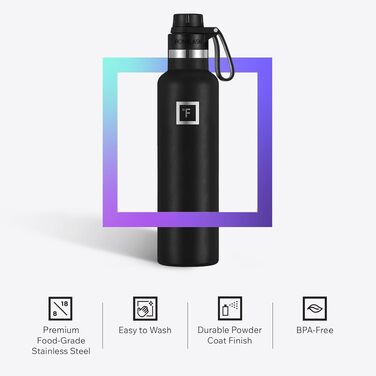 Термофляга IRON °FLASK Edelstahl 710 мл чорна: металева, подвійні стінки, ізольована, з 3 кришками, для спорту, школи, фітнесу, кемпінгу, без BPA
