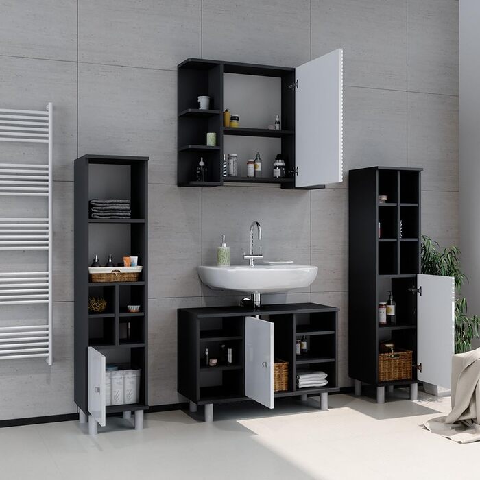Пенал для ванної Vicco Fynn, білий глянець/антрацит, 30x130.6 см, мала дверцята
