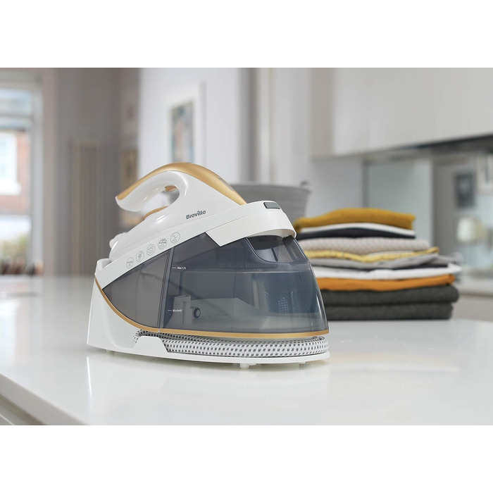 Парова праска Breville VIN410X PRESSXPRESS 2400 Вт з бойлером, багатонапрямною керамічною підошвою, паровим ударом 230 г, вертикальним паром 100 г/хв, тиск 5 бар, біла