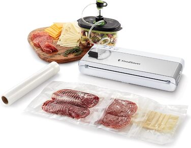 Компактний вакууматор FoodSaver VS0100X з ручним пристроєм для вакуумування, сріблястий (1 рулон та 4 пакети в комплекті)