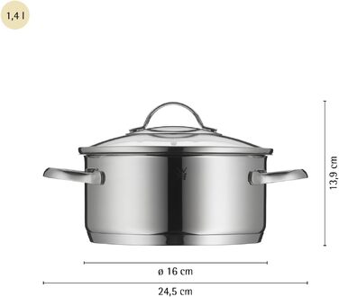 Каструля WMF Provence Plus 16 см зі скляною кришкою, 2 л, для індукції, нержавіюча сталь Cromargan, підходить для духовки