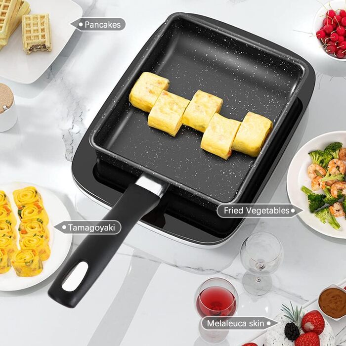 Японська омлетниця Tamagoyaki, прямокутна антипригарна сковорода для яєць з силіконовою лопаткою та 2 формами для яєць, для індукційної та газової плити, кухонне приладдя