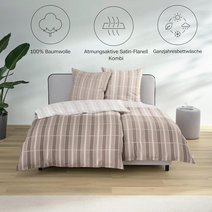 Постільна білизна s.Oliver Satin-Flanell бавовняна, бежева в клітинку, 135x200 см та 80x80 см