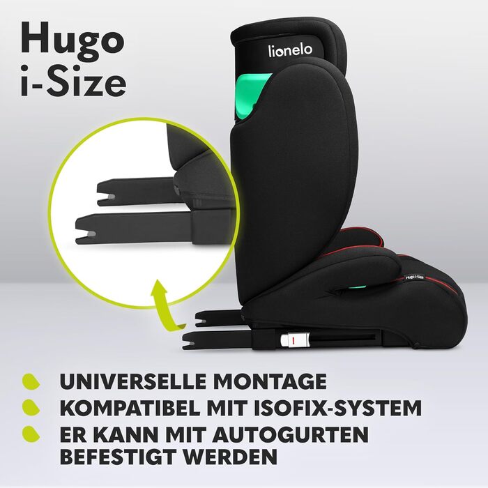 Автокрісло Lionelo Hugo R129 (100–150 см) – ISOFIX, 8 положень підголівника, Memory Foam, бічний захист, комфортні підлокітники (Чорно-червоний, I-SIZE)