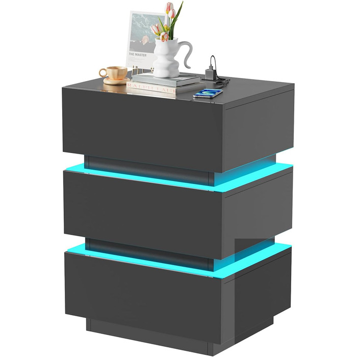 Тумба приліжкова Lvhecforhm з LED підсвіткою, USB та розетками, 16 кольорів, чорний глянець, з відкритими полицями