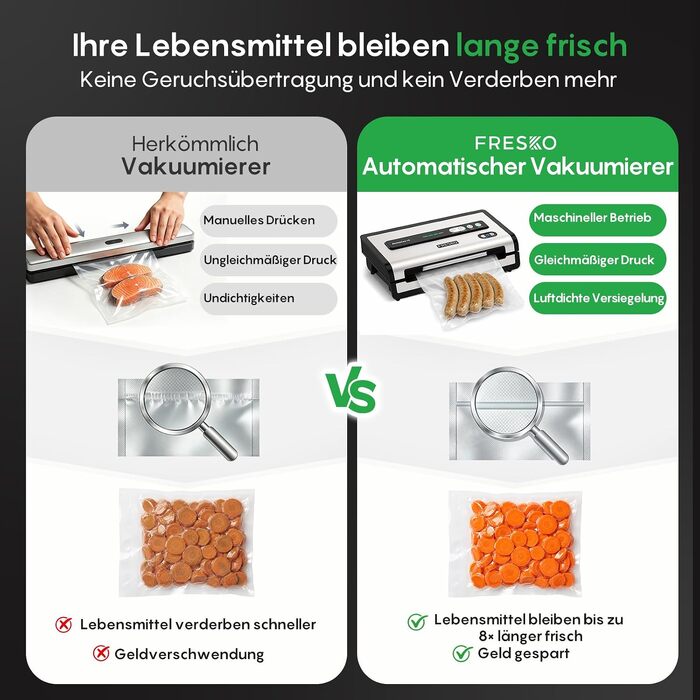 Вакууматор FRESKO AutoMax для продуктів, 140 Вт, 18 л/хв, з вбудованим різаком для пакетів, сріблястий