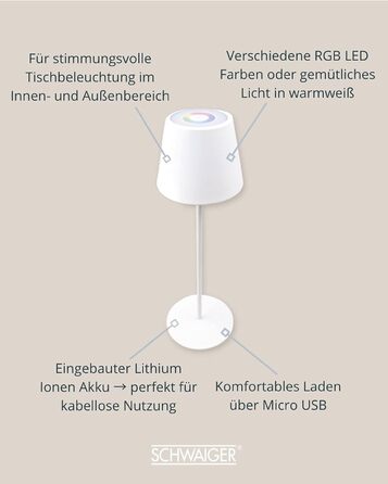 Торшер SCHWAIGER OTL200: LED-лампа, нічник, садовий світильник, RGB, сенсорне керування, акумулятор, диммування, тепле світло, IP44 (білий)