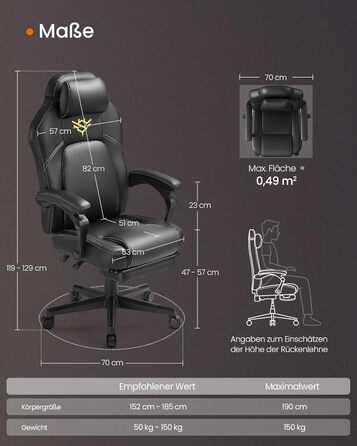 Ігрове крісло SONGMICS HOME, ергономічне, з підставкою для ніг, комп'ютерне крісло, офісне, PU-шкіра, регульована висота, чорне, з підголівником