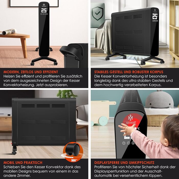 Електричний конвектор KESSER 1200/2400Вт, WiFi, термостат, таймер, сенсорний дисплей, економний, захист від перегріву, чорний