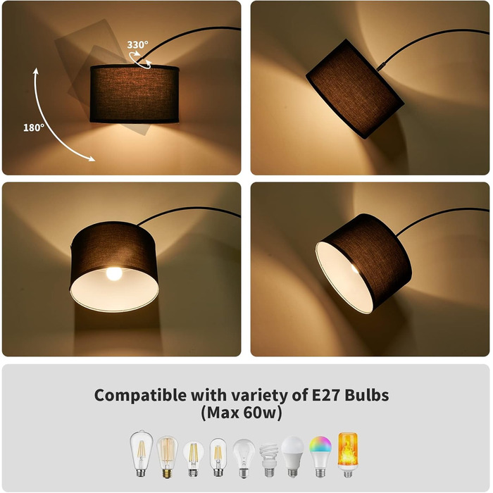 Торшер-арка Modlicht JASMIN з LED E27, чорний текстиль, 33 см, вінтаж, для вітальні, спальні, готелю