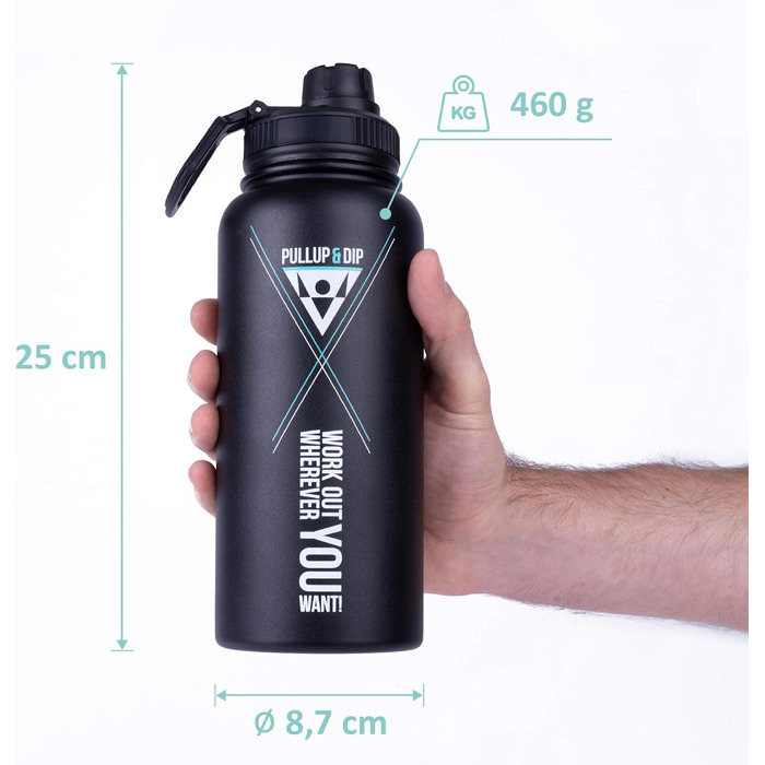 PULLUP & DIP Спортивна термос пляшка з нержавіючої сталі 950 мл, BPA-free, подвійні стінки, для спорту, фітнесу, туризму, герметична, з карабіном