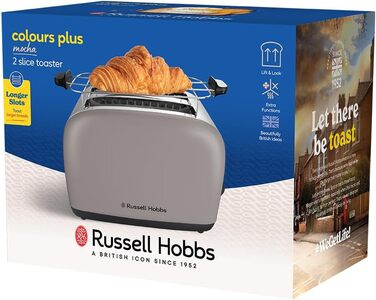 Тостер Russell Hobbs Colours Plus Edelstahl на 2 тости, Мока. Широкі слоти, підставка для булочок, 6 режимів, розморожування, Lift & Look, 1600 Вт