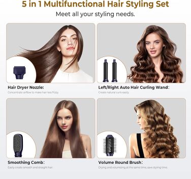 UKLISS 5-в-1 Airstyler Фен-щітка для укладки волосся з насадкою для локонів, 60000 об/хв, блакитний