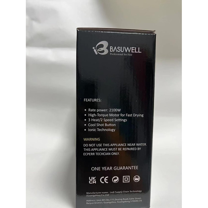 Професійний іонний фен для волосся Basuwell 2100Вт, салонний фен з інфрачервоним нагрівом, 3 режими нагріву, 2 швидкості, низький рівень шуму, AC-мотор, дифузор, чорний