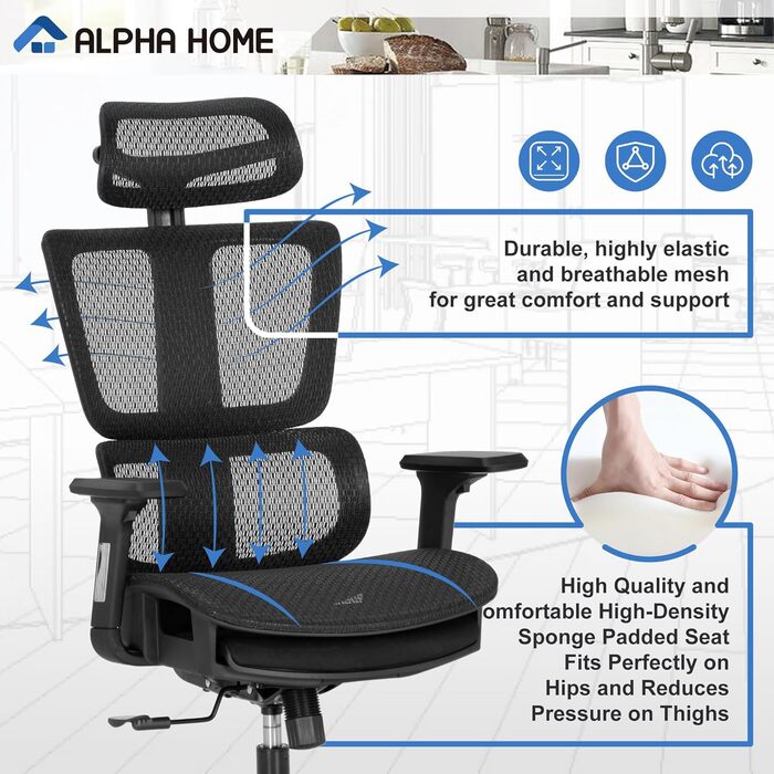 Ергономічне офісне крісло ALPHA HOME з підніжкою, регульованим підголівником і 3D підлокітниками, дихаючий комп'ютерний стілець для керівника, висока спинка, вантажопідйомність до 160 кг, чорний