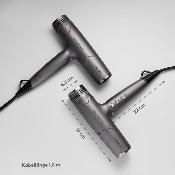 Іонізуючий фен для волосся MEDION HD2, 1500 Вт, з BLDC-мотором, дифузором та 2 насадками для стайлінгу, функція самоочищення, сірий