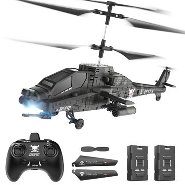 Радіокерований вертоліт DEERC Apache 2.4GHz, 2 акумулятори, 26 хв польоту, LED, стабілізація висоти, автоматичний зліт, чорний – ідеальний подарунок для хлопчиків