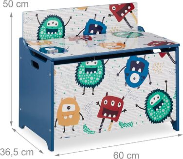 Скриня для іграшок Relaxdays у вигляді монстра, з кришкою, 50x60x36,5 см, МДФ, ігровий ящик синьо-білий