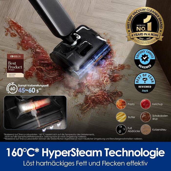 Tineco Floor One S9 Artist Steam Pro: Акумуляторний пилосос для вологого та сухого прибирання, 22000 Па, анти-заплутування, сушка гарячим повітрям 85°C, 50 хв роботи, для твердих поверхонь, шерсті тварин