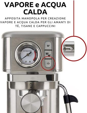 Кавомашина еспресо Ariete Slim Metal 1381 с манометром, 15 бар, для кави в зернах та ESE-падів, капучинатор, 1300 Вт, срібляста