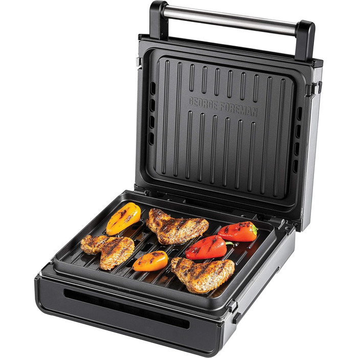 Контактний гриль George Foreman з антипригарним покриттям для приготування паніні та сендвічів [Без диму - 87% менше диму] Настільний гриль (знімні та придатні для миття в посудомийній машині пластини, температура 200°C, корпус з нержавіючої сталі) 28000-