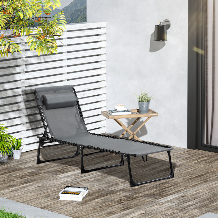 Складний садовий шезлонг Outsuuny Sun Lounger з подушкою, бічна кишеня, шезлонг з регульованою спинкою в 5 напрямках, стійкий до погодних умов шезлонг для кемпінгу з навантаженням до 120 кг, для садового пляжного басейну, сірий