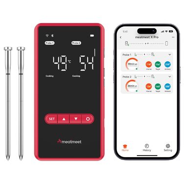 Smart термометр для м'яса Meatmeet X Pro з Bluetooth та Wi-Fi, 2 зонди, 6 сенсорів, нержавіюча сталь, IP69, до 582°C, для гриля, духовки, фритюрниці