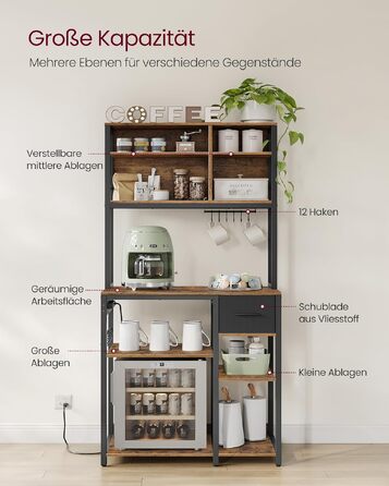 Стелаж для кухні VASAGLE з розетками та полицями, 80x40x180.4 см, кухонний стелаж з висувною шухлядою та 12 гачками, регульовані полиці, колір: вінтажний коричневий/чорний (KKS015K03)