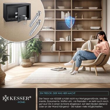 Сейф KESSER для меблів із подвійним борідковим замком, чорний, 30x20x20 см, сейф для грошей, настінний і підлоговий, 2 ключі, кріплення