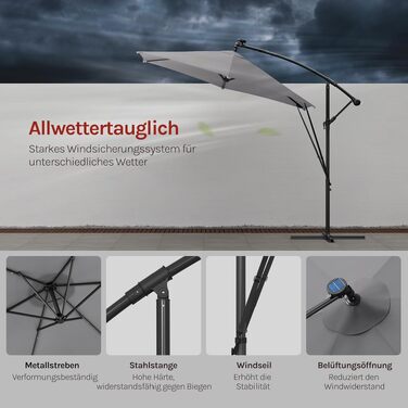 Прямокутна парасолька від сонця WOLTU 300 см з сонячною LED-підсвіткою, поворотна на 360°, захист UPF 50+, для тераси, саду та балкона, бежевий/темно-сірий