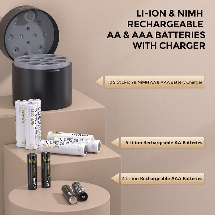 Набір акумуляторів imuto 1.5V Lithium (4x AA 3000mWh + 4x AAA 1300mWh) зі смарт-зарядним кейсом, висока ємність, 1600 циклів зарядки