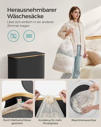 Кошик для білизни SONGMICS з кришкою, 3 секції, 150 л, складаний, знімний мішок, оксфордська тканина, бамбукові ручки, чорний, 60x38,5x70,5 см