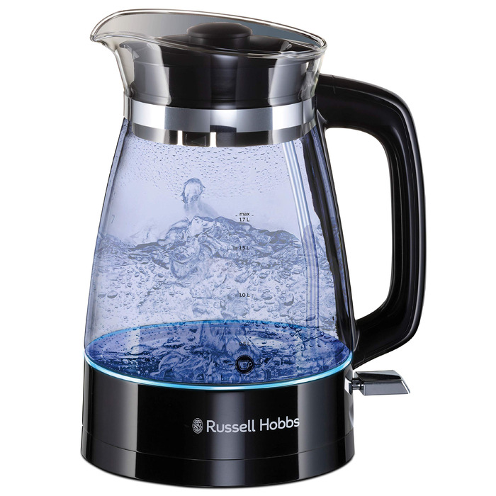 Скляний електрочайник Russell Hobbs 26080-70 Classic Design, 1.7 л, 2400 Вт, з LED-підсвіткою та сталевою основою, чорний/прозорий