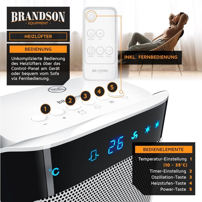 Енергозберігаючий керамічний обігрівач Brandson з дистанційним керуванням, для ванної, тихий, з таймером, функцією обертання, білий, GS сертифікат
