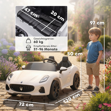 Дитячий електромобіль Maserati, 2 місця, акумулятор 12V, пульт дистанційного керування, світлодіодні вогні, музична панель, білий