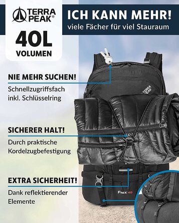 Туристичний рюкзак Terra Peak Flex 40L чорний, з вентиляцією спини, регочохлом і кріпленням для питної системи, 3D Air Mesh, для походів, з поясом, преміум-якість