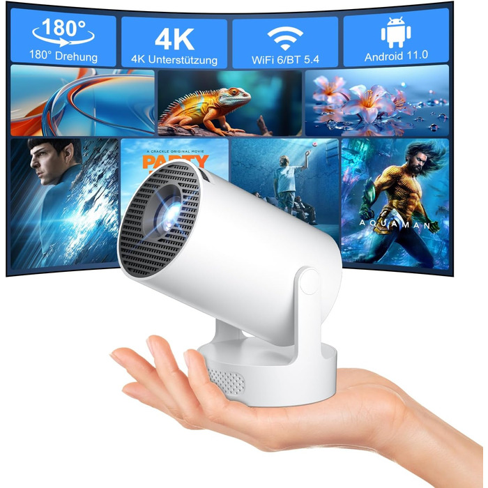 Міні проєктор Salange 4K з Wi-Fi 6, Bluetooth 5.2 та Android OS 11.0. Підтримка 180° повороту, для телефону/Xbox/ноутбука/TV Stick/USB. Білий (HY300ula + 5W динамік)