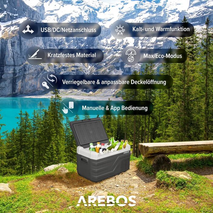 Автомобільний компресор-холодильник Arebos 26л з Wi-Fi та USB: -20°C, 12/24V/230V для авто, кемпінгу
