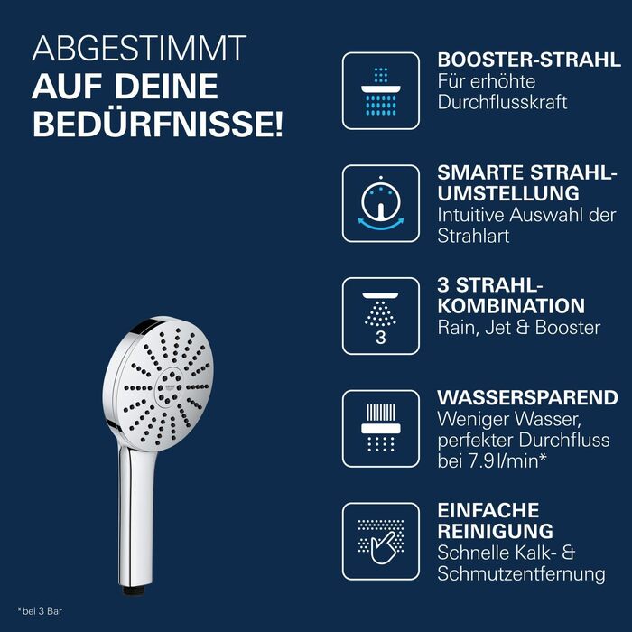 Душова лійка GROHE Vitalio Joy 120 з функцією Boost та AquaBooster, 3 режими струменя, економна (8 л/хв), хром, 1348640000