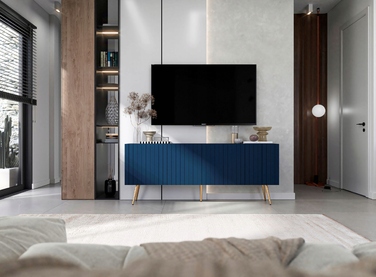 ТВ-тумба Glamour Loft, темно-синя матова, золоті металеві ніжки, 150 см