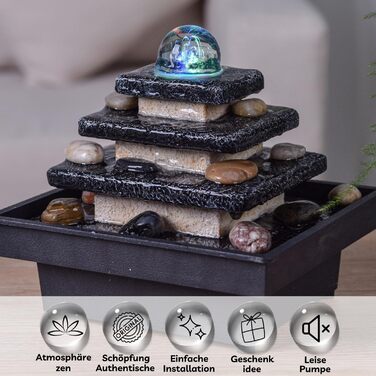 Настільний фонтан-каскад Eka Zen'light у вигляді храму зі сходами та кольоровою підсвіткою, бежево-чорний, 18x20x18 см — ديكоративний Zen-фонтан для релаксації