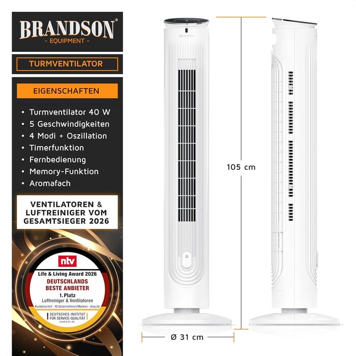 Вентилятор вежний Brandson з аромадифузором, нічний режим, тихий, пульт ДУ, 4 режими, 5 швидкостей, LED дисплей - білий
