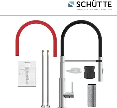 Змішувач кухонний Schütte 23138 з гнучким шлангом Soft Touch, поворотний на 360°, нержавіюча сталь/чорний