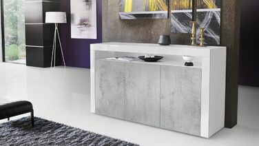 Комод Vladon Valencia 155x92x40 см, 3 двері, 1 відкрита полиця, білий матовий/бетон оксид/білий глянець, вироблено в Німеччині