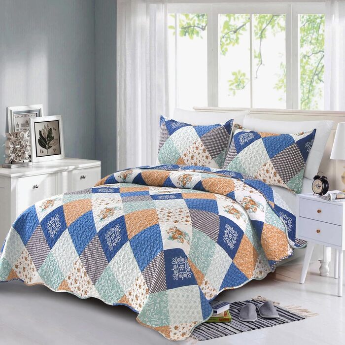 Покривало-печворк WONGS BEDDING 240x260 см з мікрофібри, стьобане, квітковий візерунок, чорне-сіре, з 2 наволочками 48x75 см