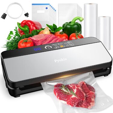 Вакууматор для продуктів 8-в-1, вакуумний пакувальник 80 кПа (сухий/вологий режим) з вбудованим різаком, цифровим таймером та набором пакетів, чорний