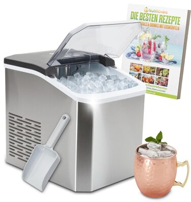 Машина для льоду Nutrilovers NUTRI-ICE MAKER з нержавіючої сталі: прозорий лід двох розмірів (S/L) + келих для Moscow Mule та кулінарна книга